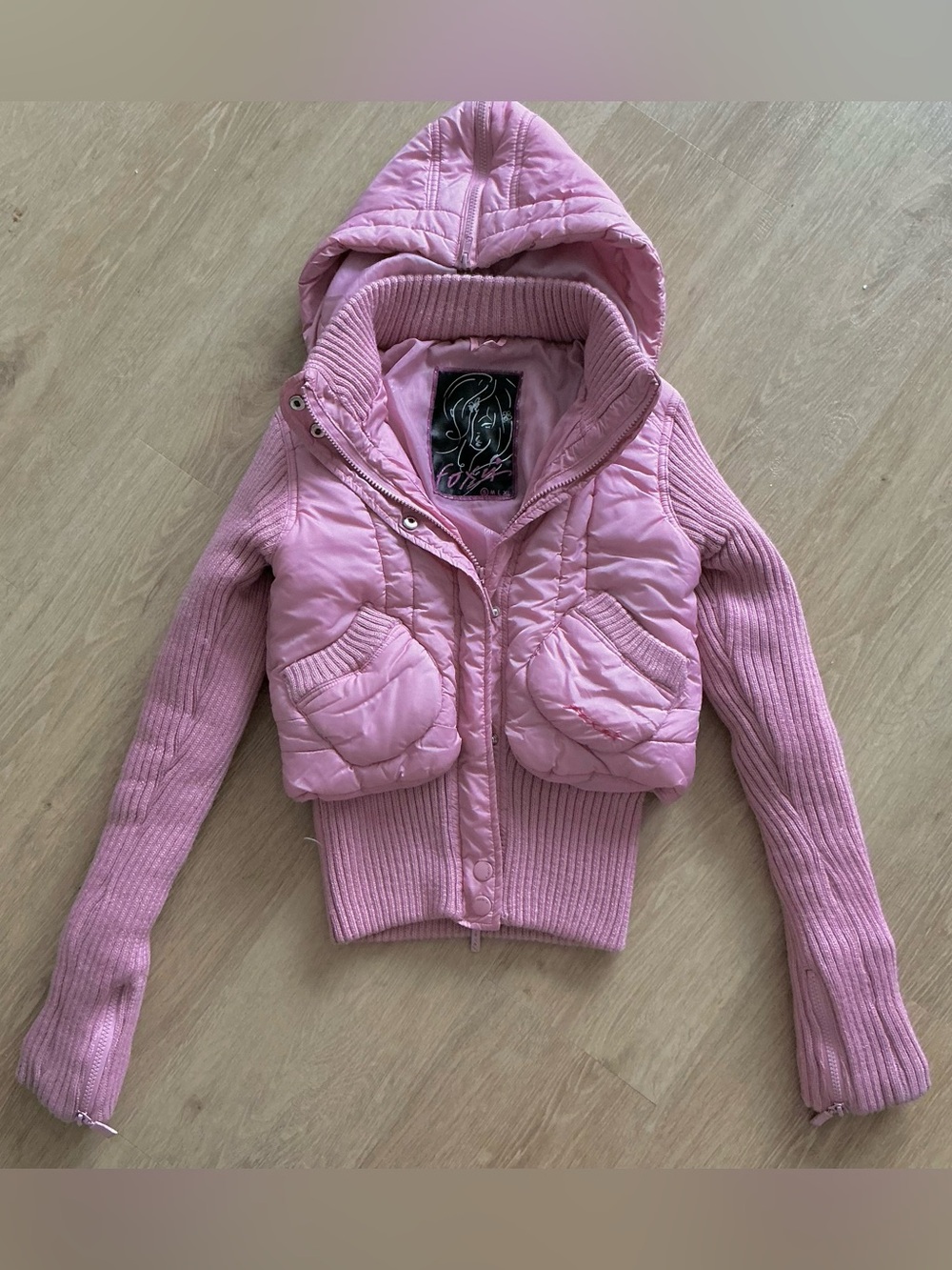 Y2K pink sweater Quilted Hooded Puffer winter fall Jacket fitted